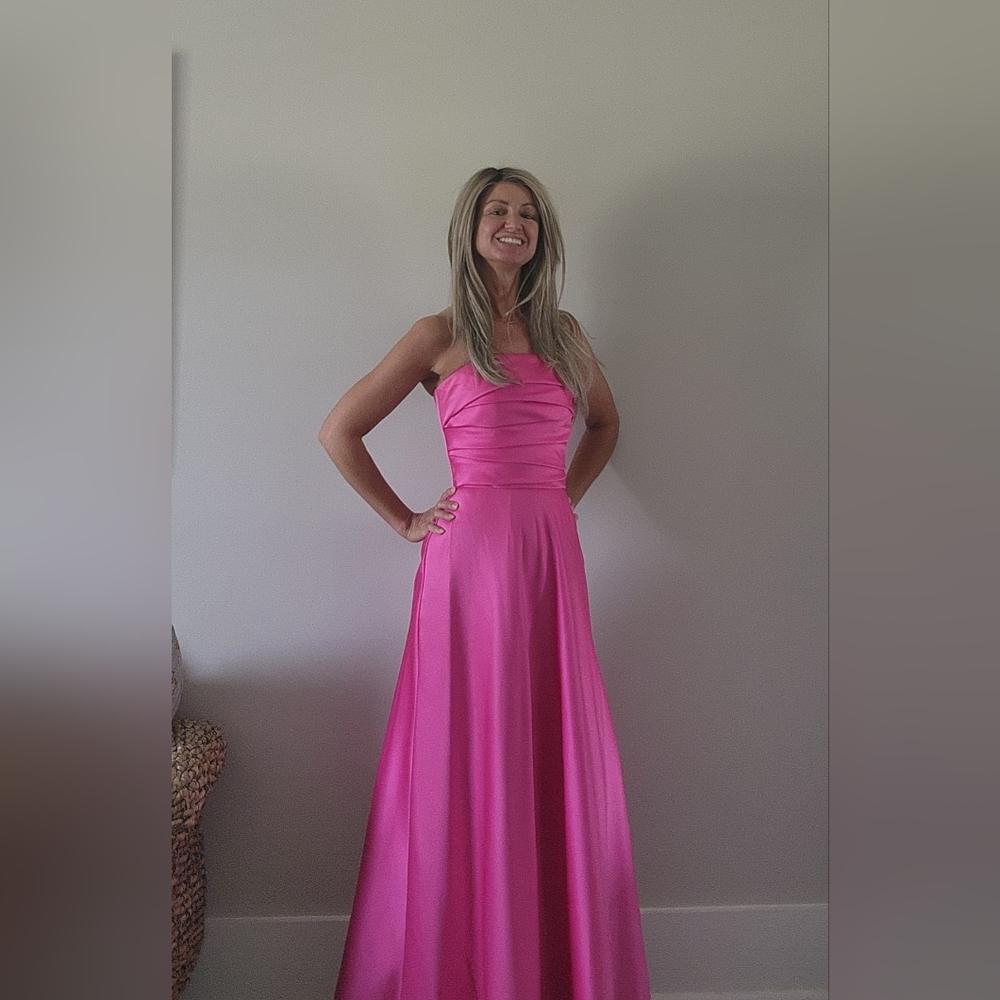 Pink Ruched Strapless Prom Gown